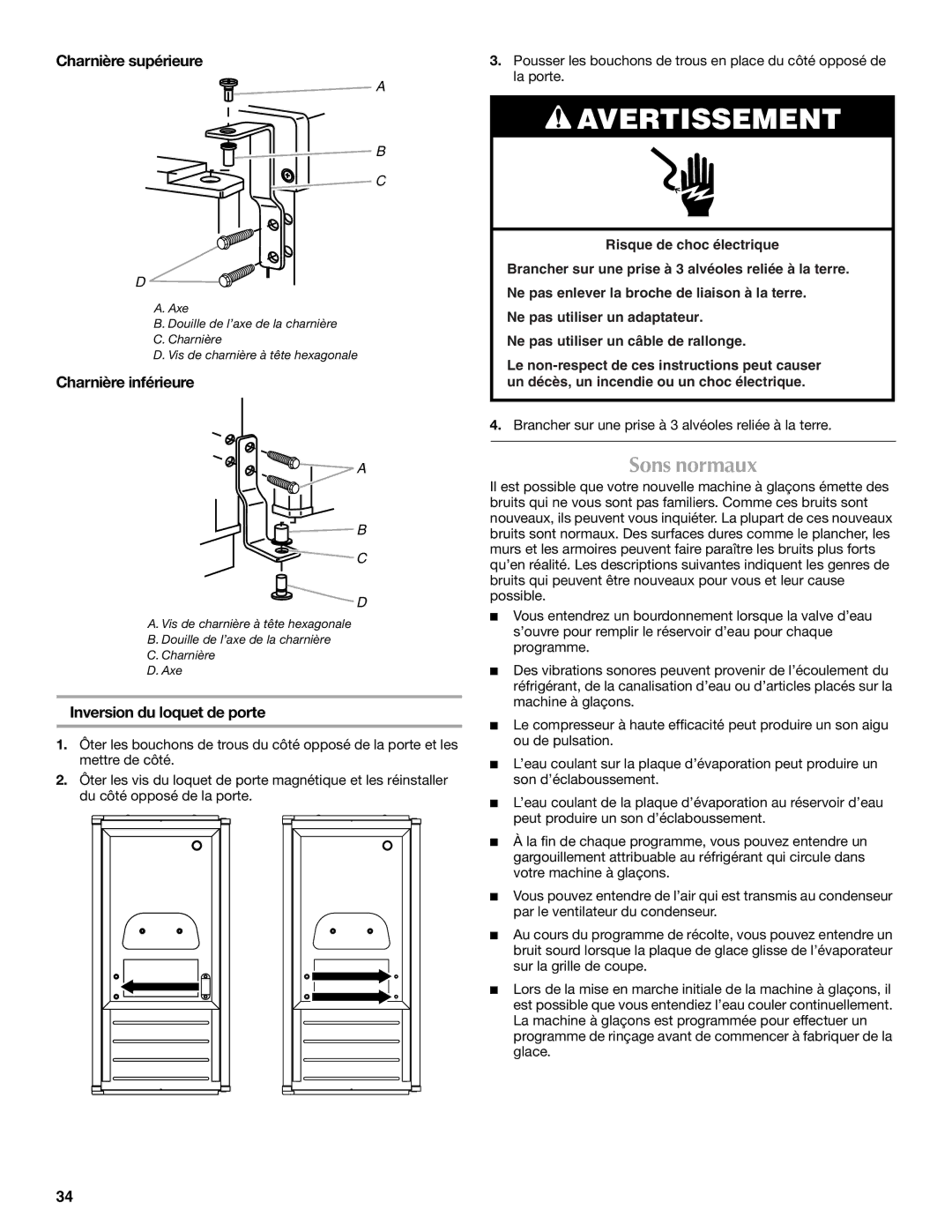 Maytag W10206488A Sons normaux, Charnière supérieure, Charnière inférieure, Inversion du loquet de porte 