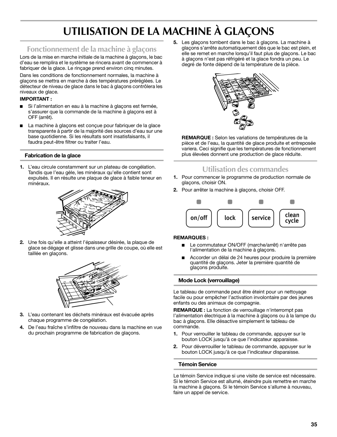 Maytag W10206488A Utilisation DE LA Machine À Glaçons, Utilisation des commandes, Fabrication de la glace, Témoin Service 