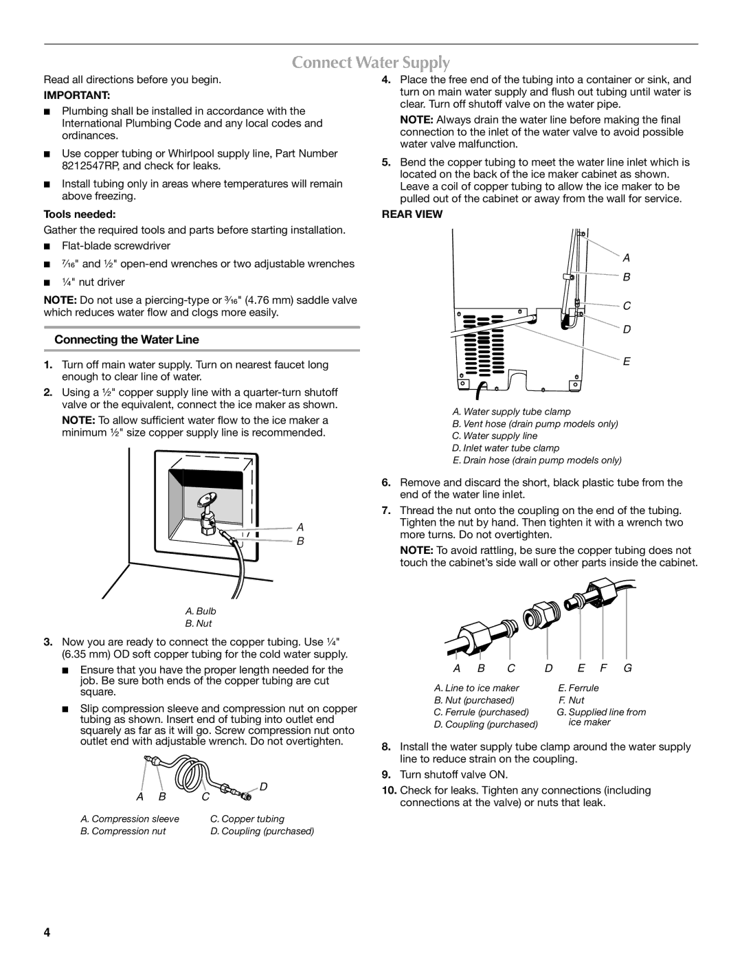 Maytag W10206488A installation instructions Connect Water Supply, Connecting the Water Line, Rear View 