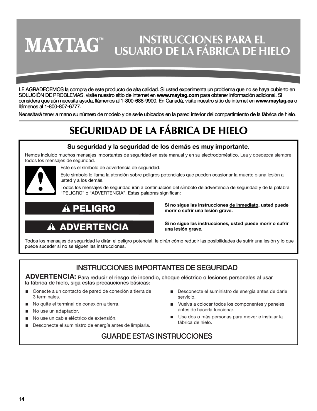 Maytag W10206488A Instrucciones Para El Usuario De La Fábrica De Hielo, Seguridad De La Fábrica De Hielo 