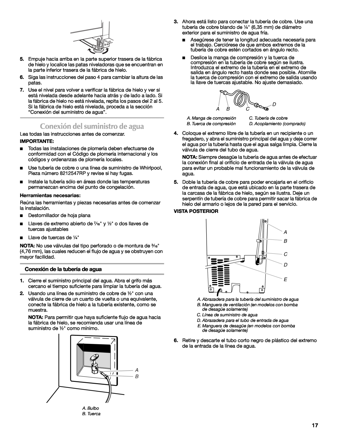 Maytag W10206488A installation instructions Conexión del suministro de agua, Conexión de la tubería de agua, A B C D E 