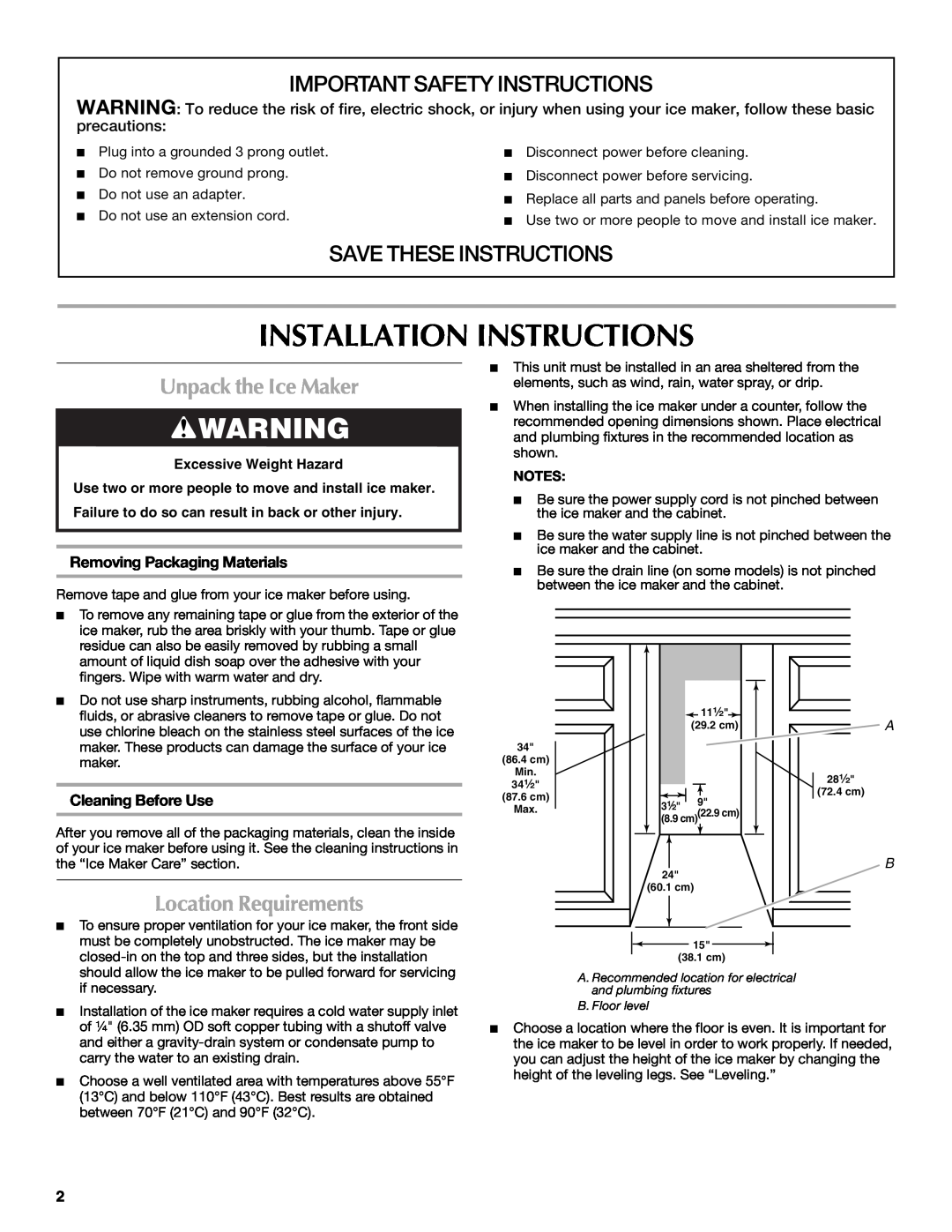 Maytag W10206488A Installation Instructions, Important Safety Instructions, Save These Instructions, Unpack the Ice Maker 