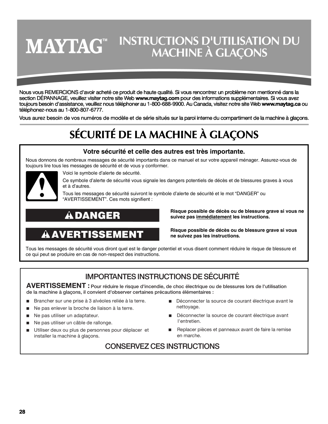 Maytag W10206488A Instructions Dutilisation Du Machine À Glaçons, Sécurité De La Machine À Glaçons, Danger Avertissement 