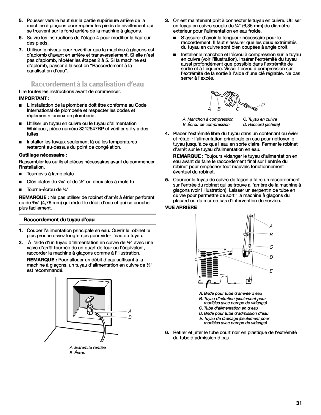 Maytag W10206488A installation instructions Raccordement à la canalisation d’eau, Raccordement du tuyau d’eau, A B C D E 