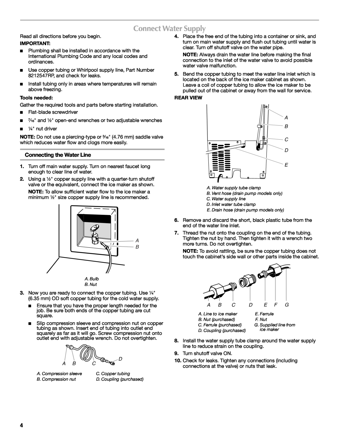 Maytag W10206488A installation instructions Connect Water Supply, Connecting the Water Line, A B C D E F G 