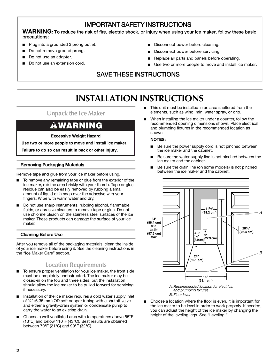 Maytag MIM1554WRS Installation Instructions, Unpack the Ice Maker, Location Requirements, Removing Packaging Materials 