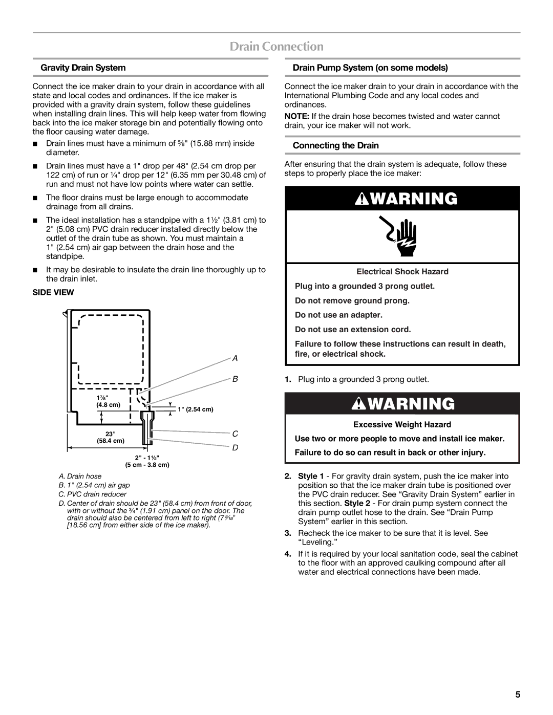 Maytag MIM1554WRS Drain Connection, Gravity Drain System, Drain Pump System on some models, Connecting the Drain 