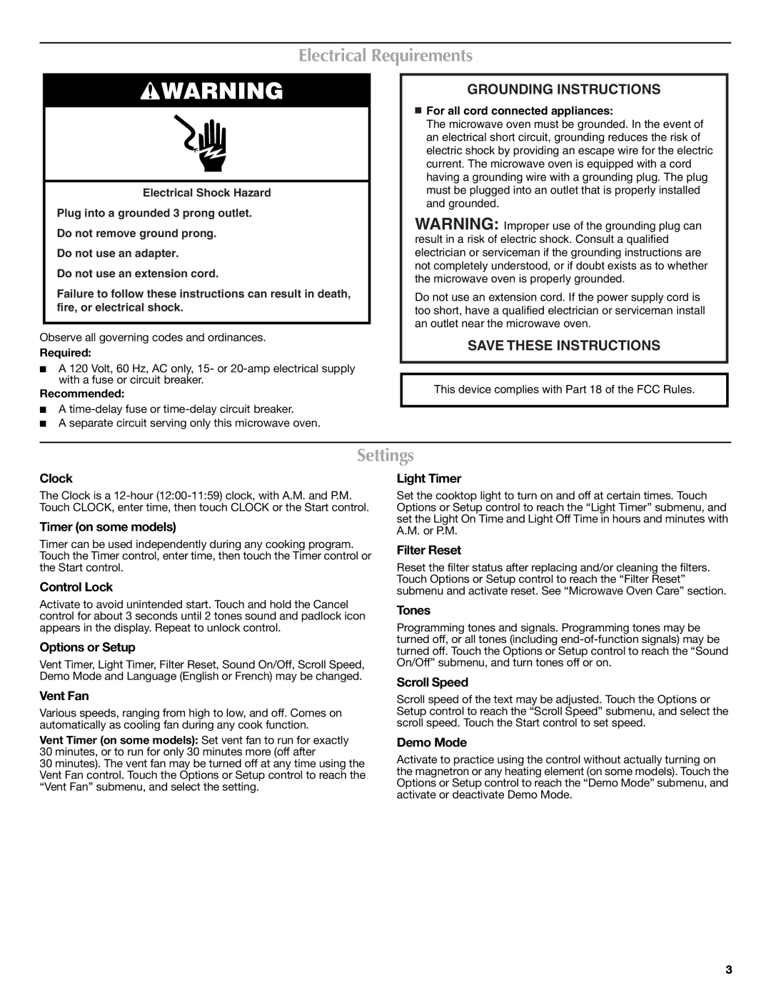 Maytag W10208080A, W10208076A important safety instructions Electrical Requirements, Settings 