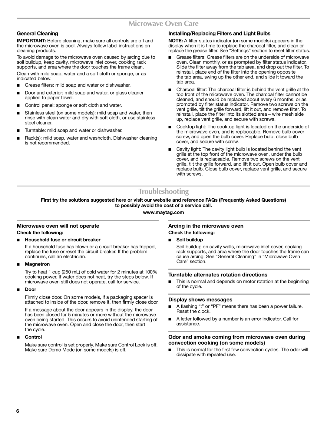 Maytag W10208076A, W10208080A important safety instructions Microwave Oven Care, Troubleshooting 