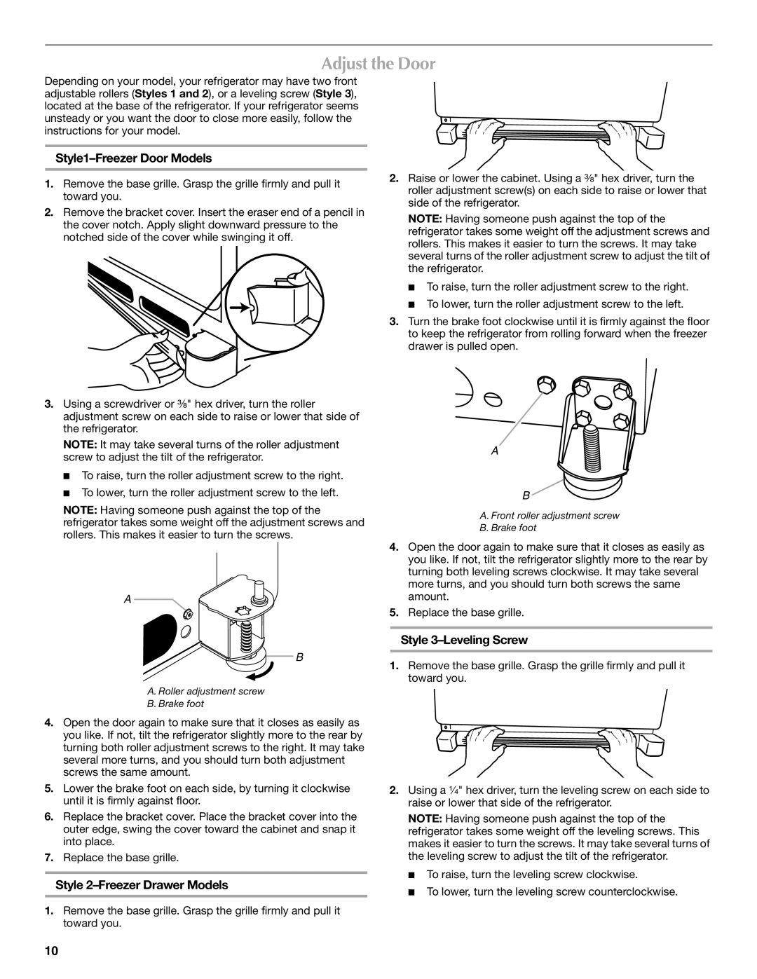 Maytag W10208789A Adjust the Door, Style1-Freezer Door Models, Style 2-Freezer Drawer Models, Style 3-Leveling Screw 