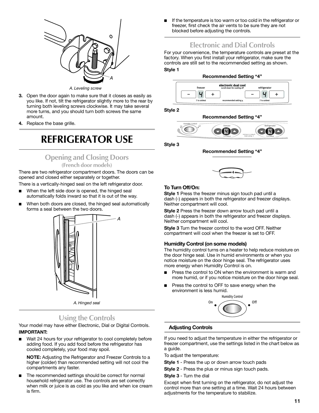 Maytag MBL2258XES Refrigerator USE, Opening and Closing Doors, Using the Controls, Electronic and Dial Controls 