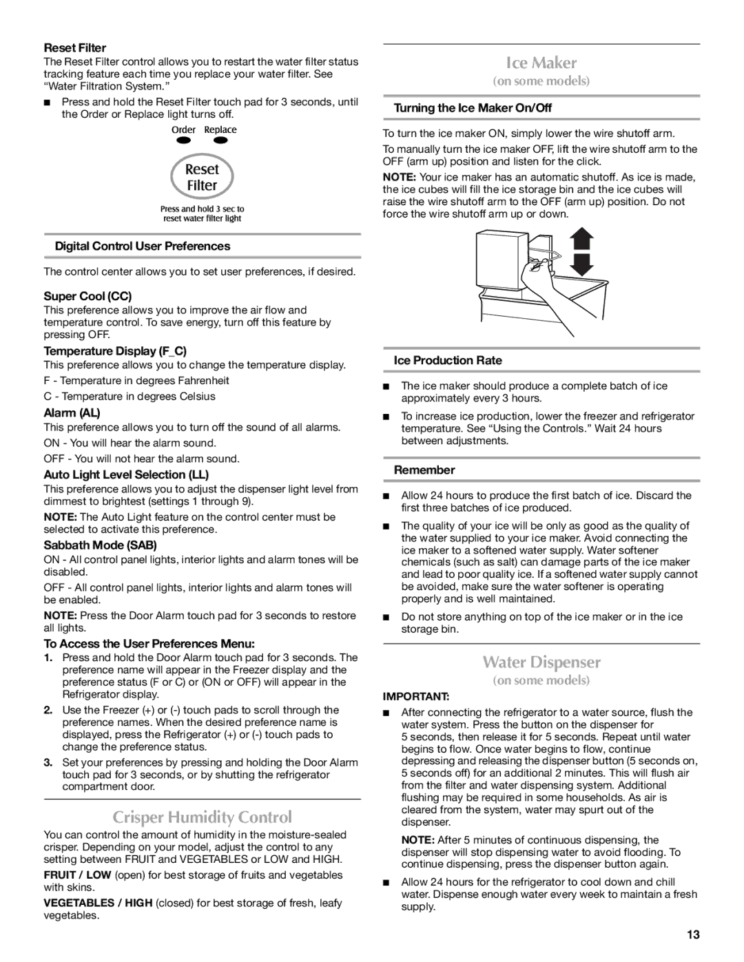 Maytag W10208789A, W10208790A, MBL2258XES installation instructions Crisper Humidity Control, Ice Maker, Water Dispenser 