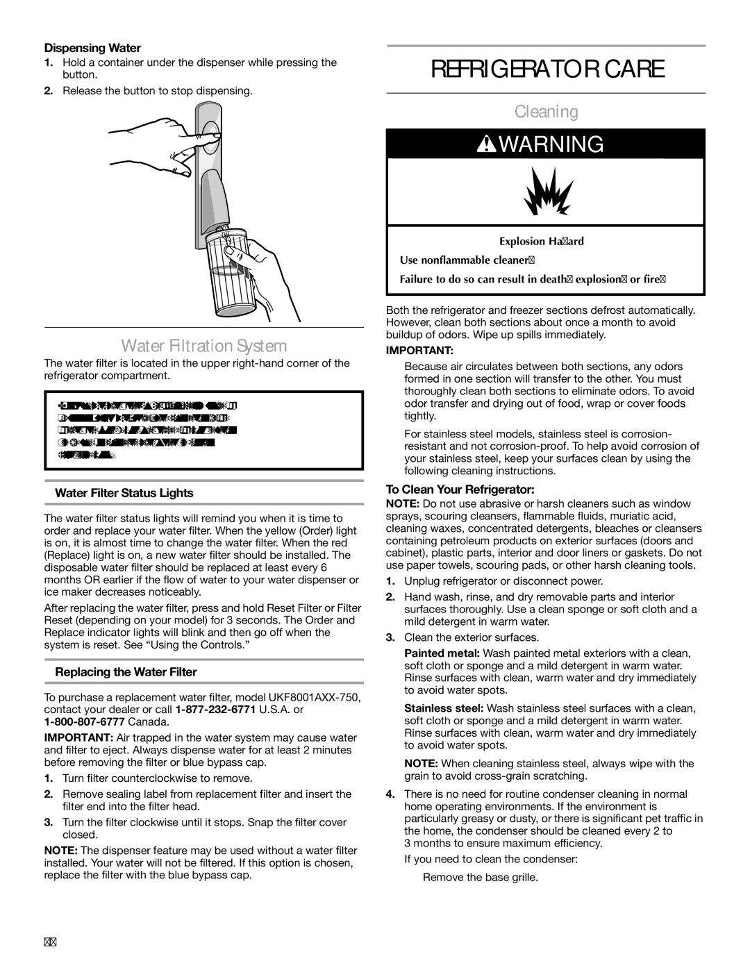 Maytag MBL2258XES, W10208790A, W10208789A installation instructions Refrigerator Care, Water Filtration System, Cleaning 