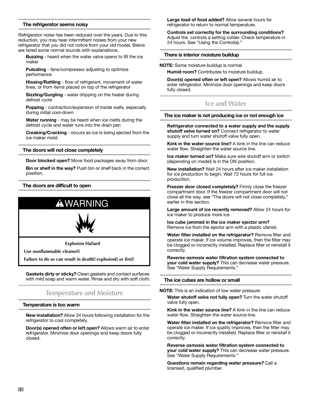 Maytag W10208789A, W10208790A, MBL2258XES installation instructions Temperature and Moisture, Ice and Water 