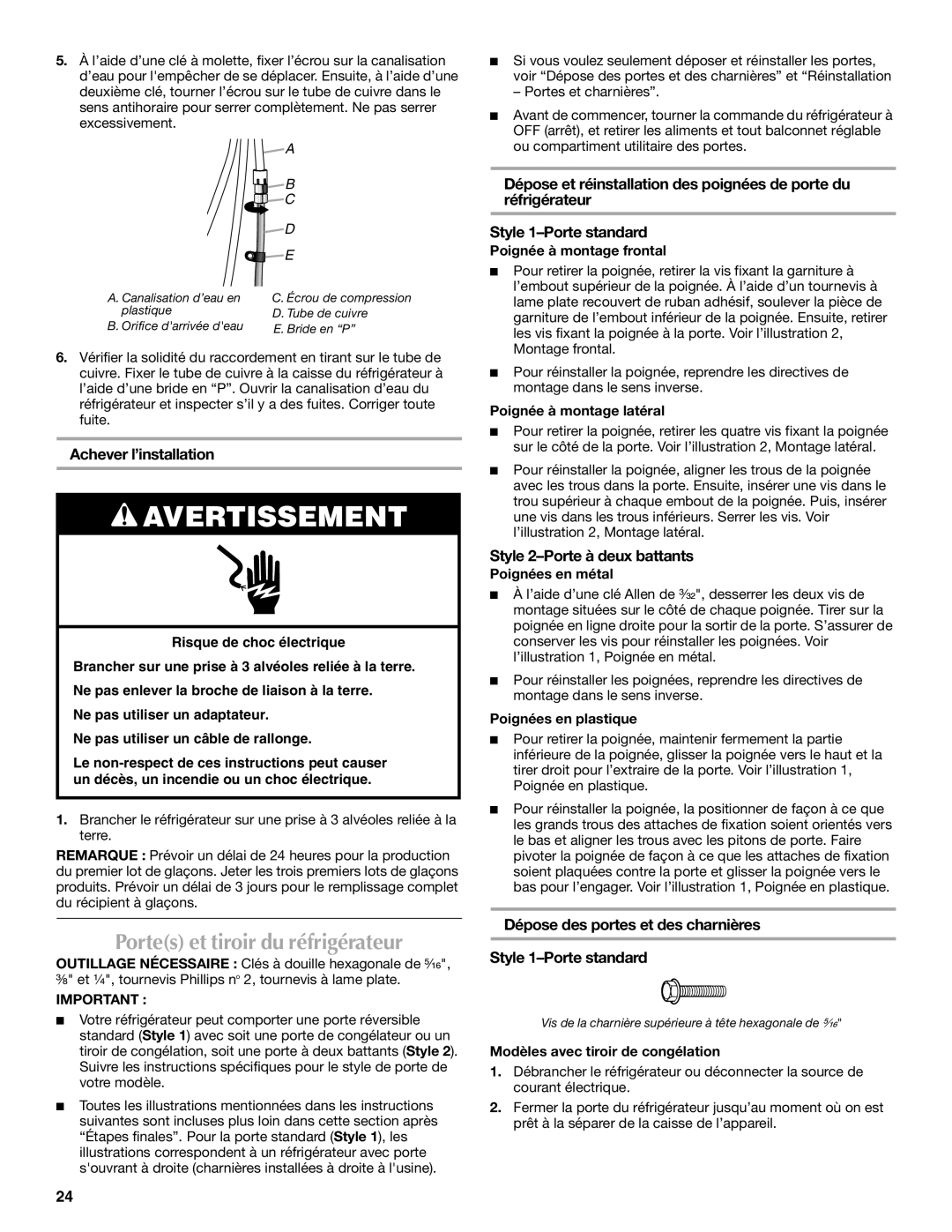 Maytag W10208790A, W10208789A Portes et tiroir du réfrigérateur, Achever l’installation, Style 2-Porte à deux battants 