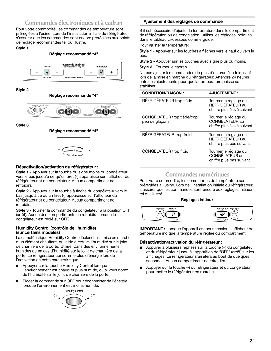 Maytag W10208789A Commandes numériques, Désactivation/activation du réfrigérateur, Ajustement des réglages de commande 