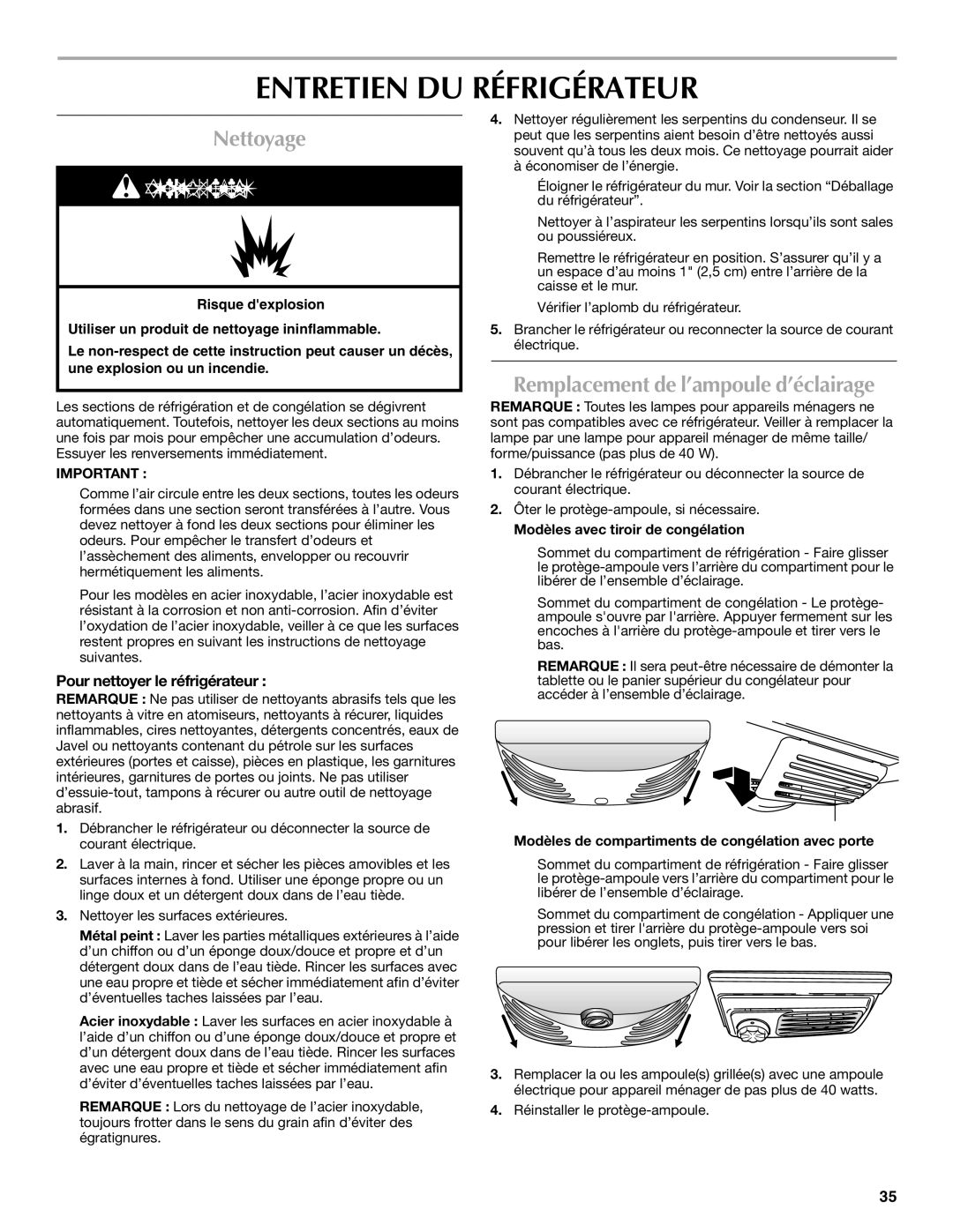 Maytag MBL2258XES, W10208790A, W10208789A Entretien DU Réfrigérateur, Nettoyage, Remplacement de l’ampoule d’éclairage 