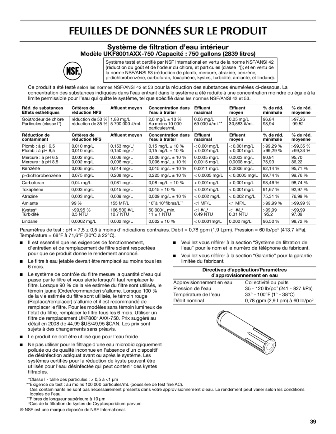 Maytag W10208790A, W10208789A, MBL2258XES Feuilles DE Données SUR LE Produit, Système de filtration d’eau intérieur 