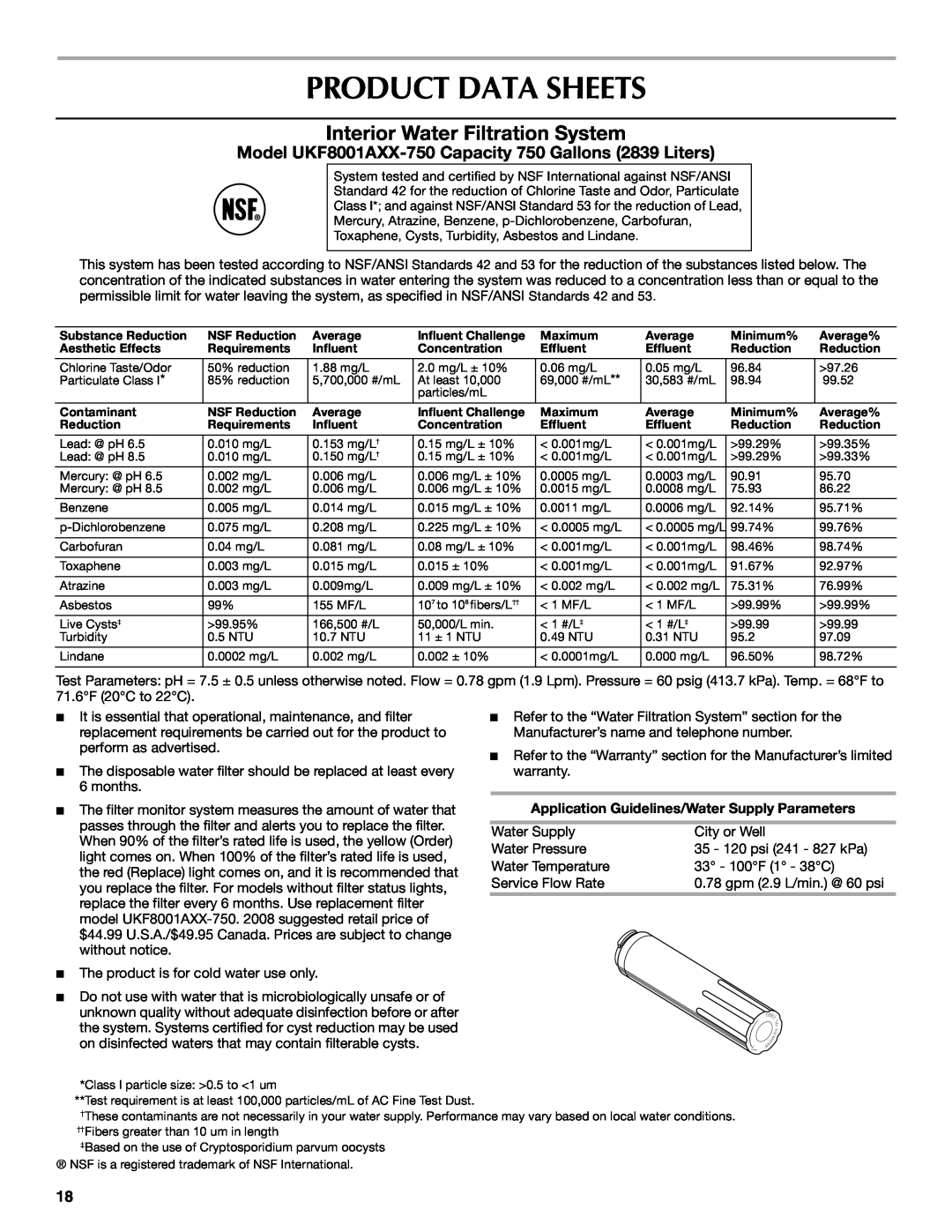 Maytag W10208790A Product Data Sheets, Interior Water Filtration System, Application Guidelines/Water Supply Parameters 