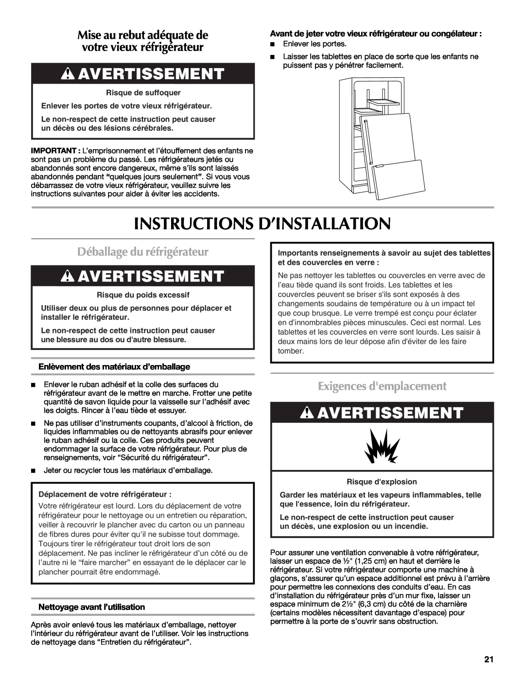 Maytag W10208790A Instructions D’Installation, Avertissement, Déballage du réfrigérateur, Exigences demplacement 