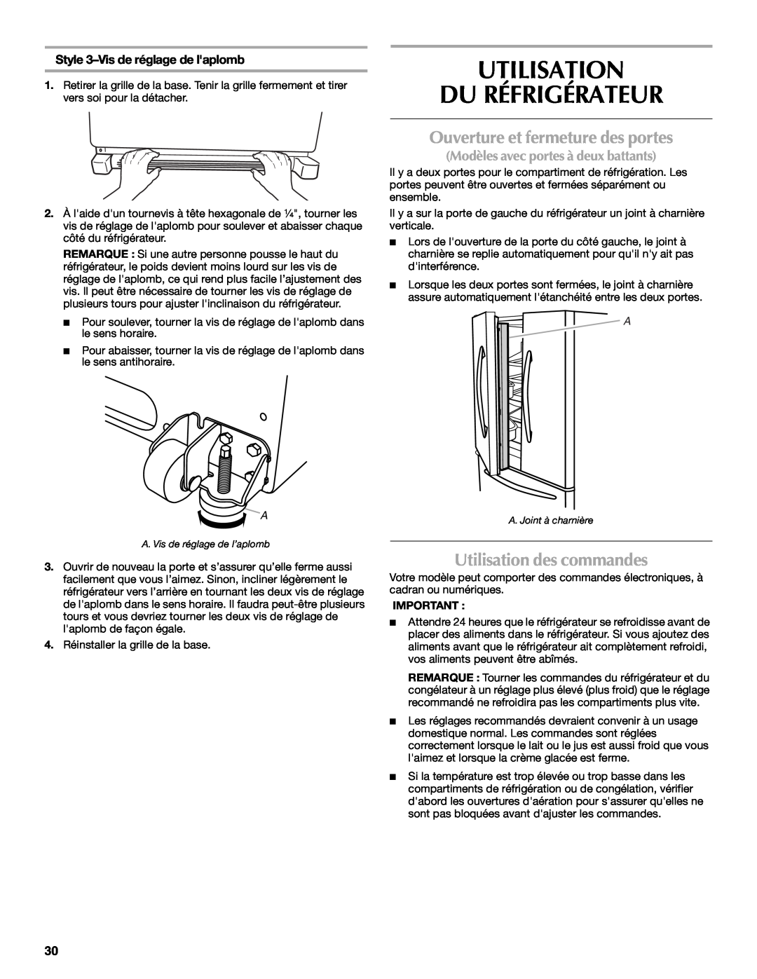 Maytag W10208790A, W10208789A Utilisation Du Réfrigérateur, Ouverture et fermeture des portes, Utilisation des commandes 