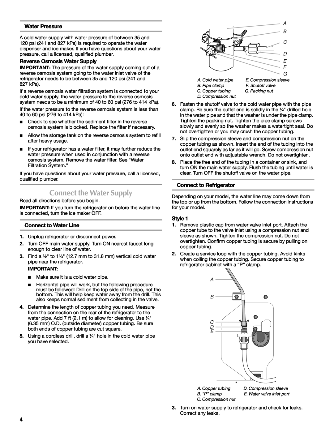 Maytag W10208789A Connect the Water Supply, Water Pressure, Reverse Osmosis Water Supply, Connect to Water Line, Style 