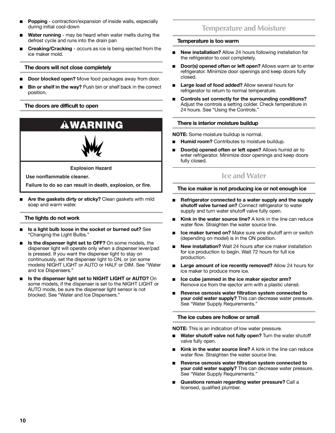 Maytag W10213158A, W10213157A installation instructions Temperature and Moisture, Ice and Water 