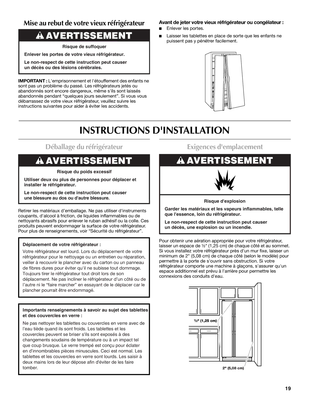 Maytag W10213157A, W10213158A Instructions Dinstallation, Déballage du réfrigérateur, Exigences demplacement 