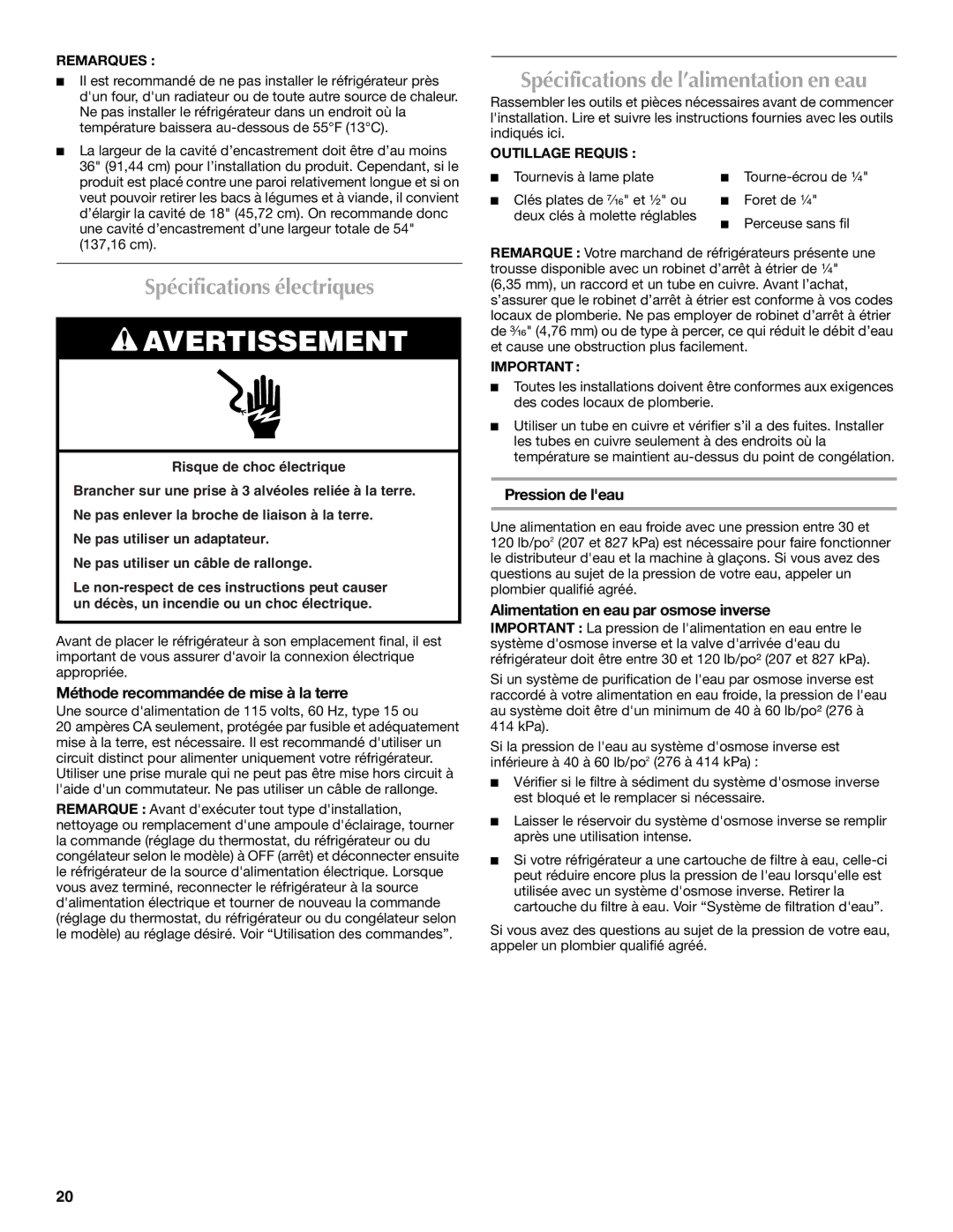 Maytag W10213158A, W10213157A Spécifications électriques, Spécifications de l’alimentation en eau, Pression de leau 