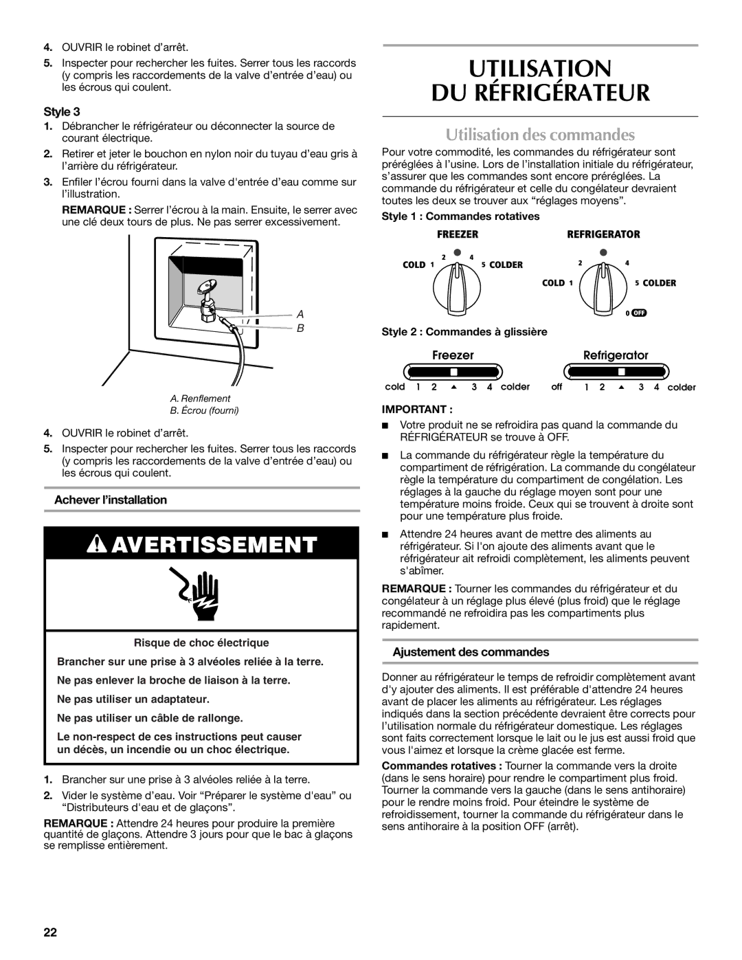 Maytag W10213158A, W10213157A Utilisation DU Réfrigérateur, Utilisation des commandes, Achever l’installation 