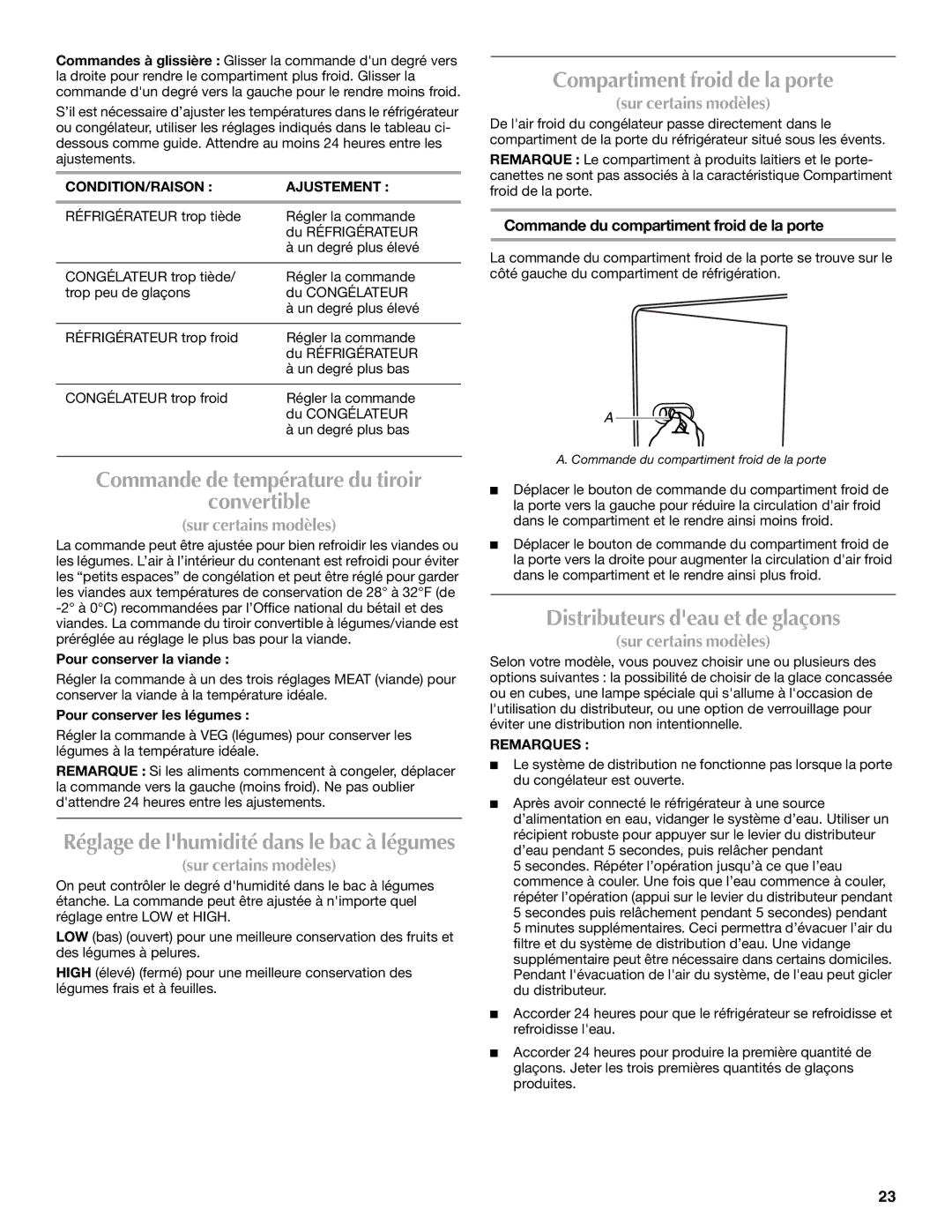 Maytag W10213157A, W10213158A Commande de température du tiroir Convertible, Compartiment froid de la porte 