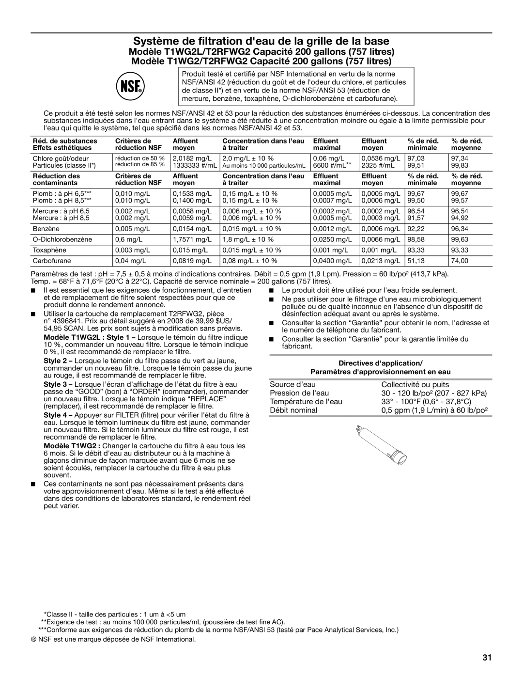 Maytag W10213157A, W10213158A installation instructions Système de filtration deau de la grille de la base 