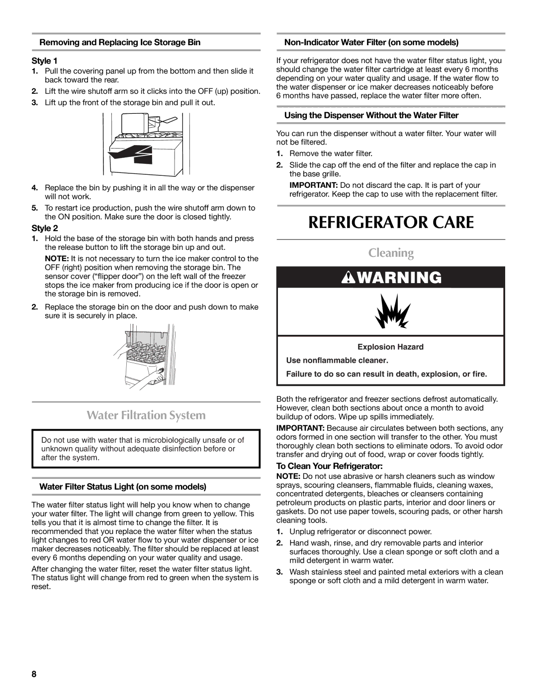 Maytag W10213158A, W10213157A installation instructions Refrigerator Care, Water Filtration System, Cleaning 