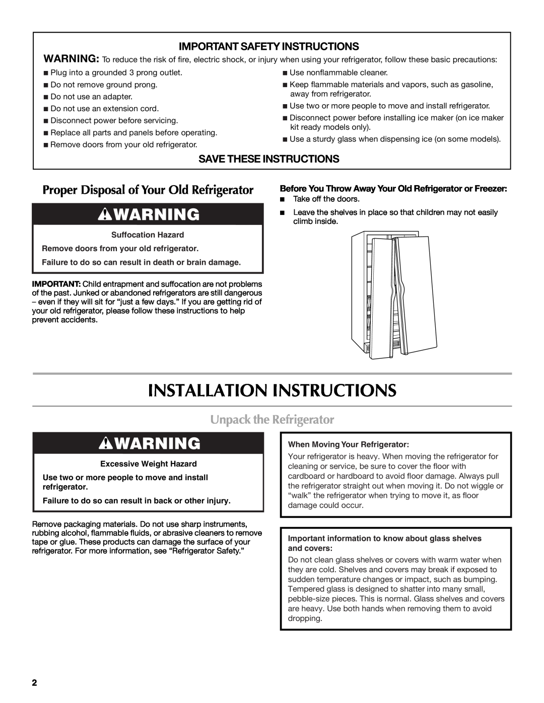 Maytag W10213158A Installation Instructions, Unpack the Refrigerator, Important Safety Instructions, Suffocation Hazard 