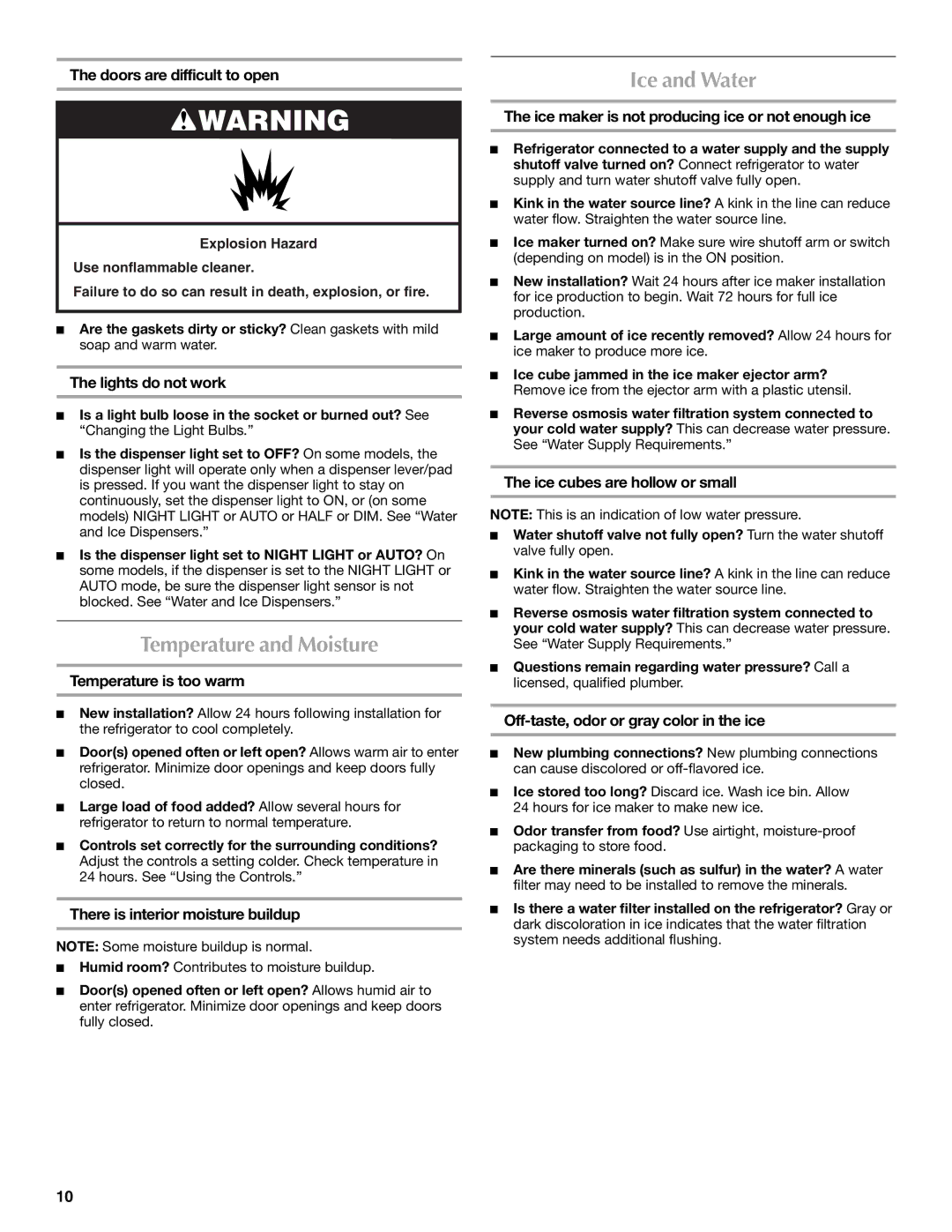 Maytag W10213163A, W10213164A, MSD2553WEM manual Temperature and Moisture, Ice and Water 