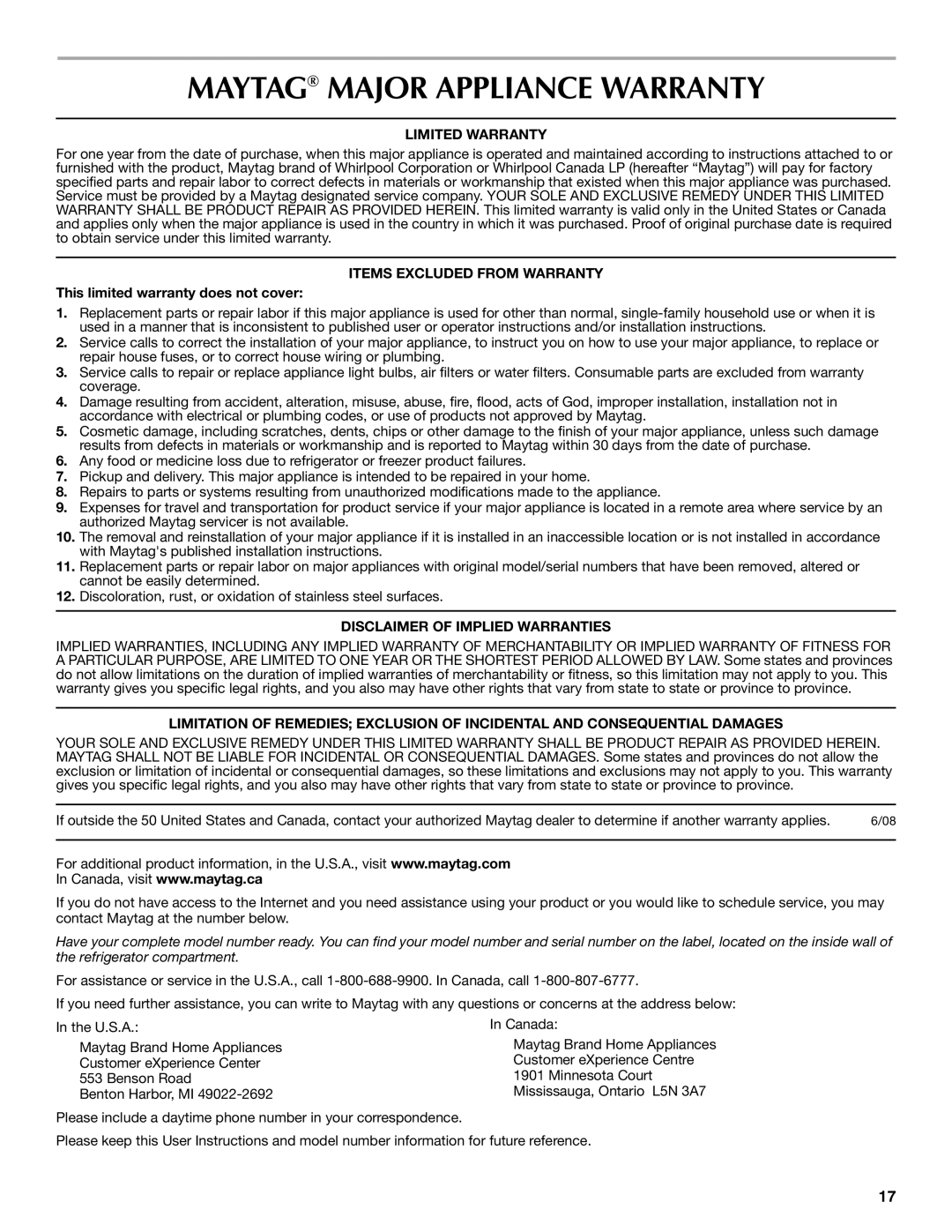 Maytag MSD2553WEM, W10213164A, W10213163A Maytag Major Appliance Warranty, Limited Warranty, Items Excluded from Warranty 