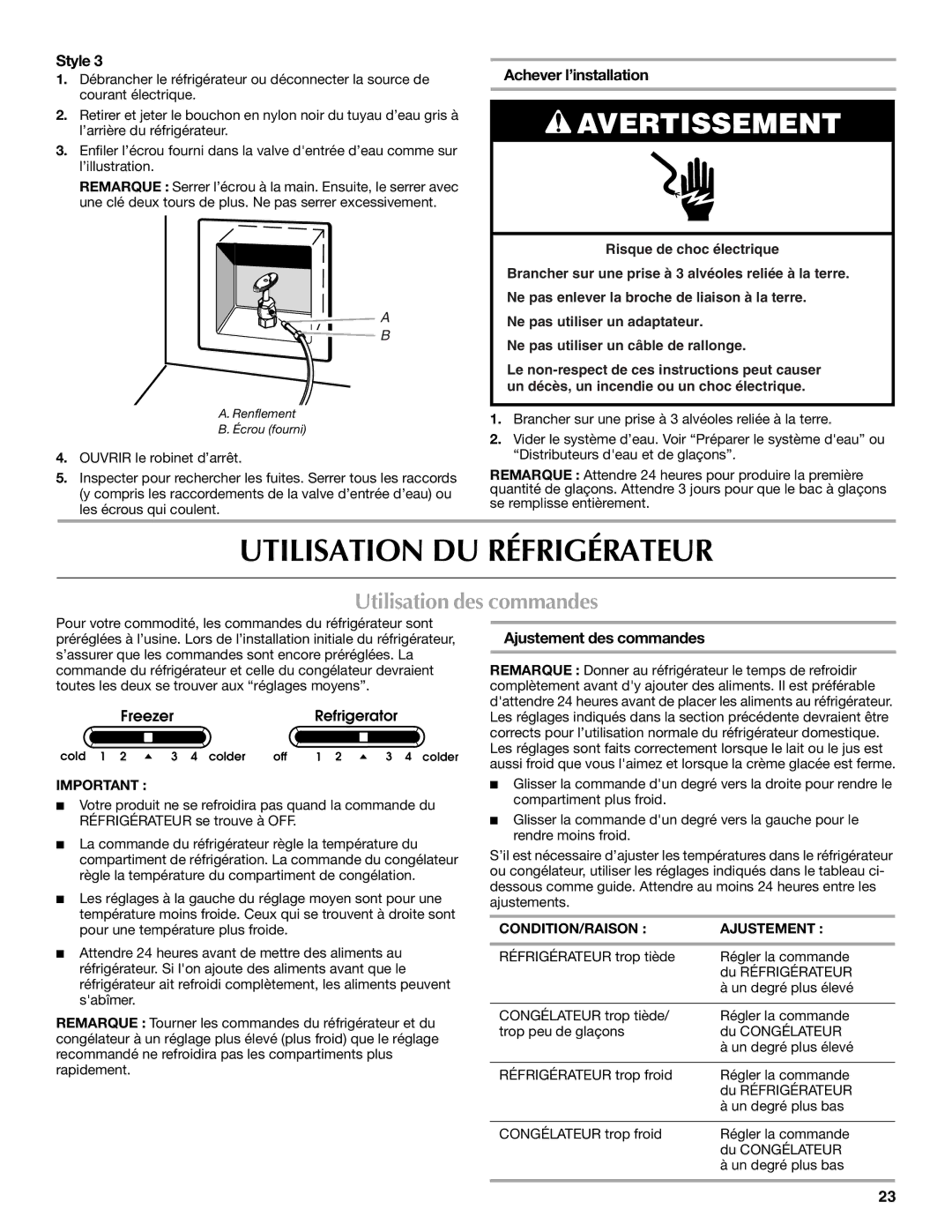 Maytag MSD2553WEM, W10213164A, W10213163A Utilisation DU Réfrigérateur, Utilisation des commandes, Achever l’installation 