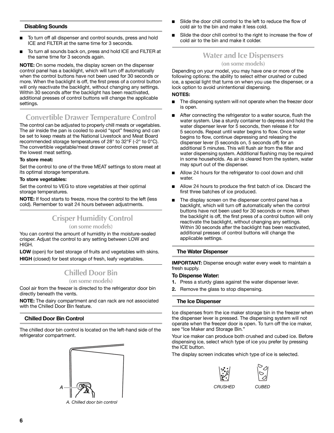 Maytag W10213164A, W10213163A, MSD2553WEM manual Crisper Humidity Control, Chilled Door Bin, Water and Ice Dispensers 