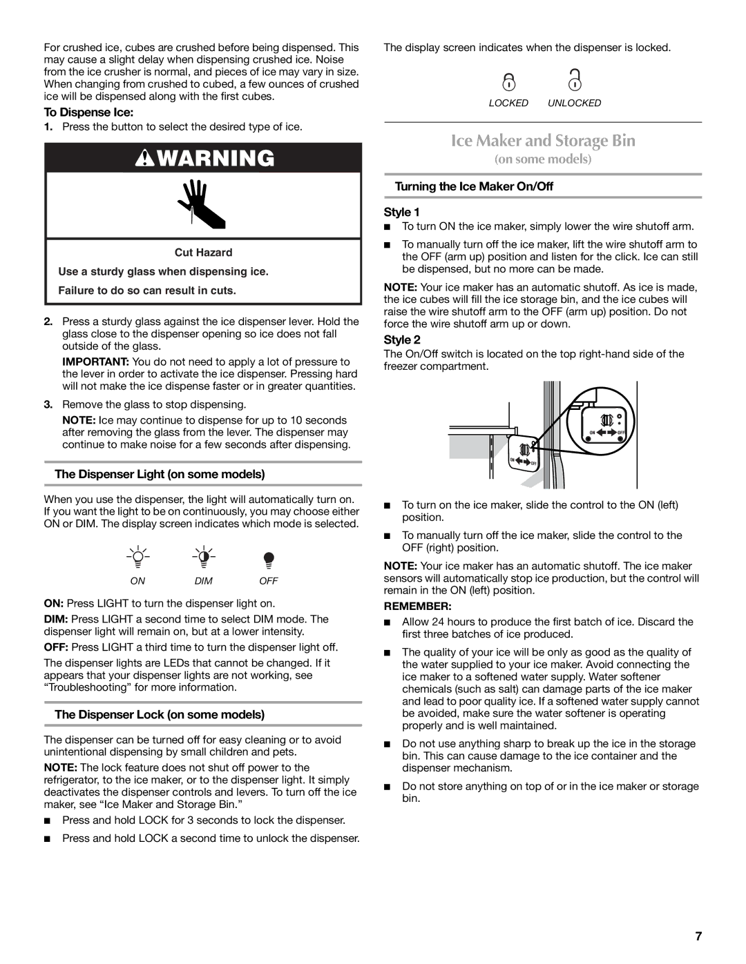 Maytag W10213163A, W10213164A, MSD2553WEM manual Ice Maker and Storage Bin, To Dispense Ice, Dispenser Light on some models 