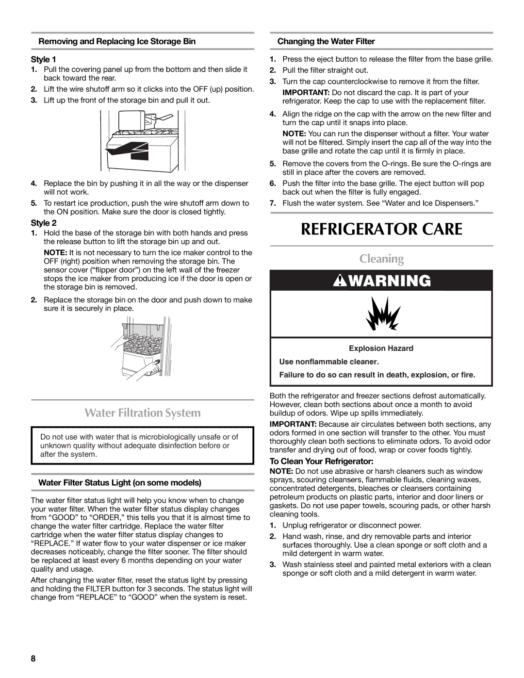 Maytag MSD2553WEM, W10213164A, W10213163A manual Refrigerator Care, Water Filtration System, Cleaning 