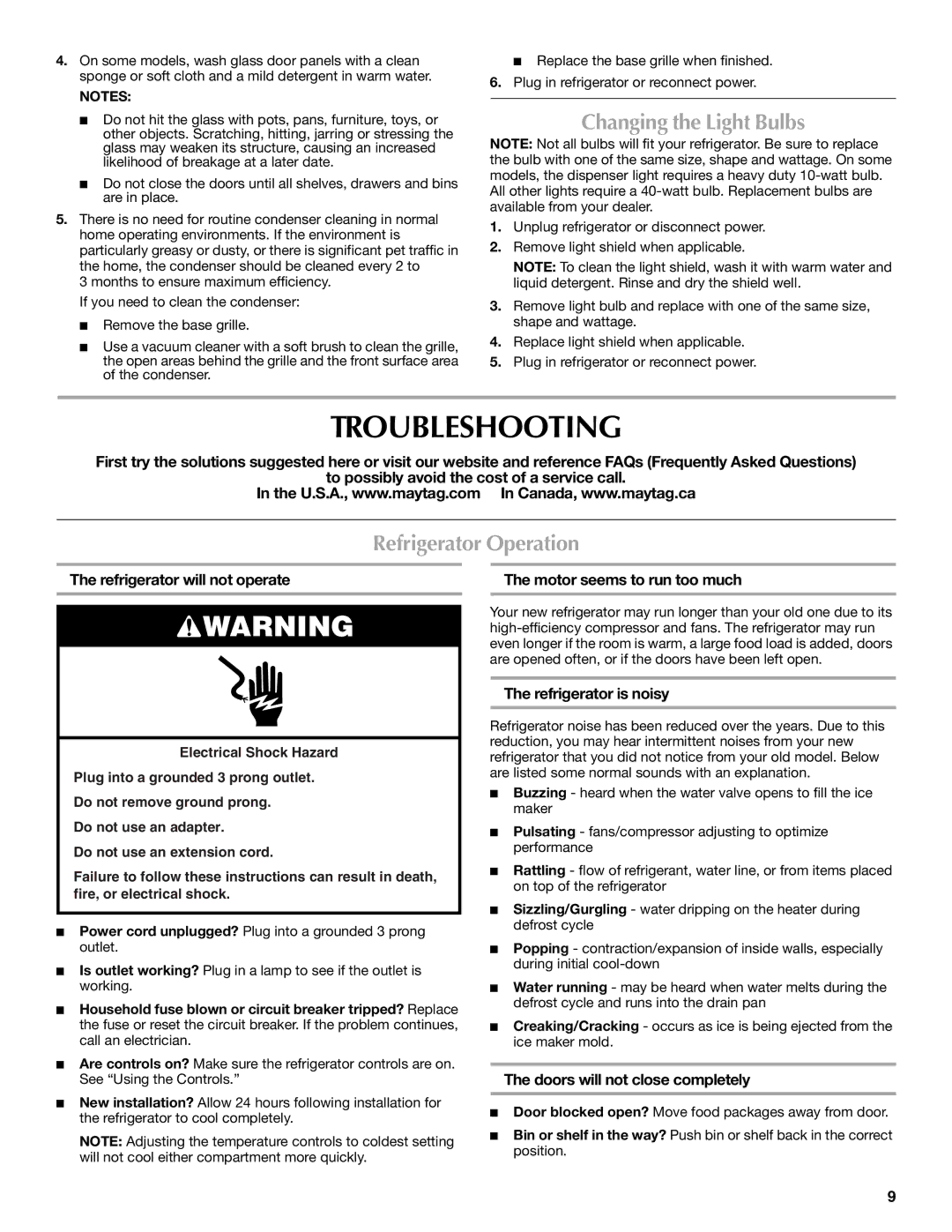 Maytag W10213164A, W10213163A, MSD2553WEM manual Troubleshooting, Changing the Light Bulbs, Refrigerator Operation 