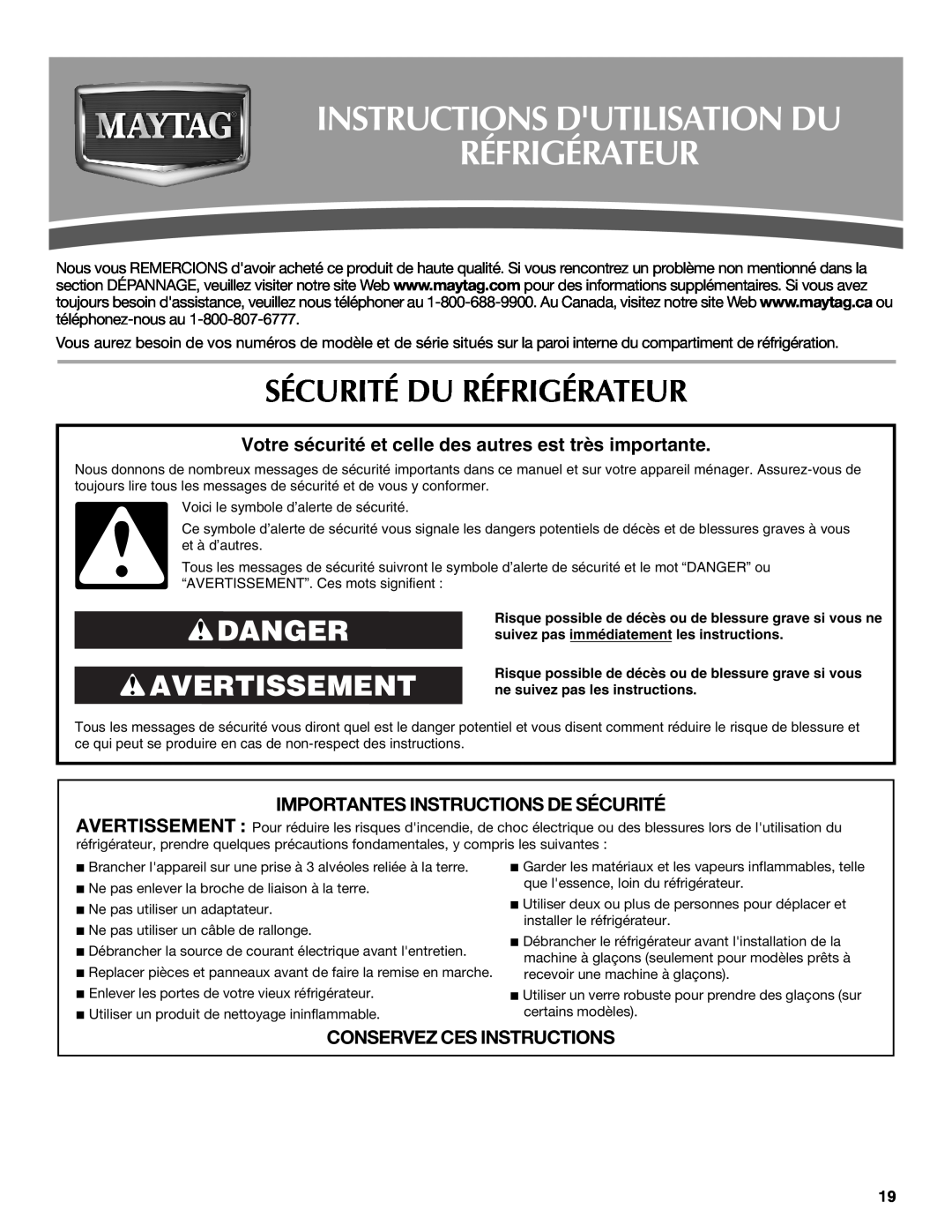 Maytag W10213163A, W10213164A Instructions Dutilisation Du Réfrigérateur, Sécurité Du Réfrigérateur, Danger Avertissement 