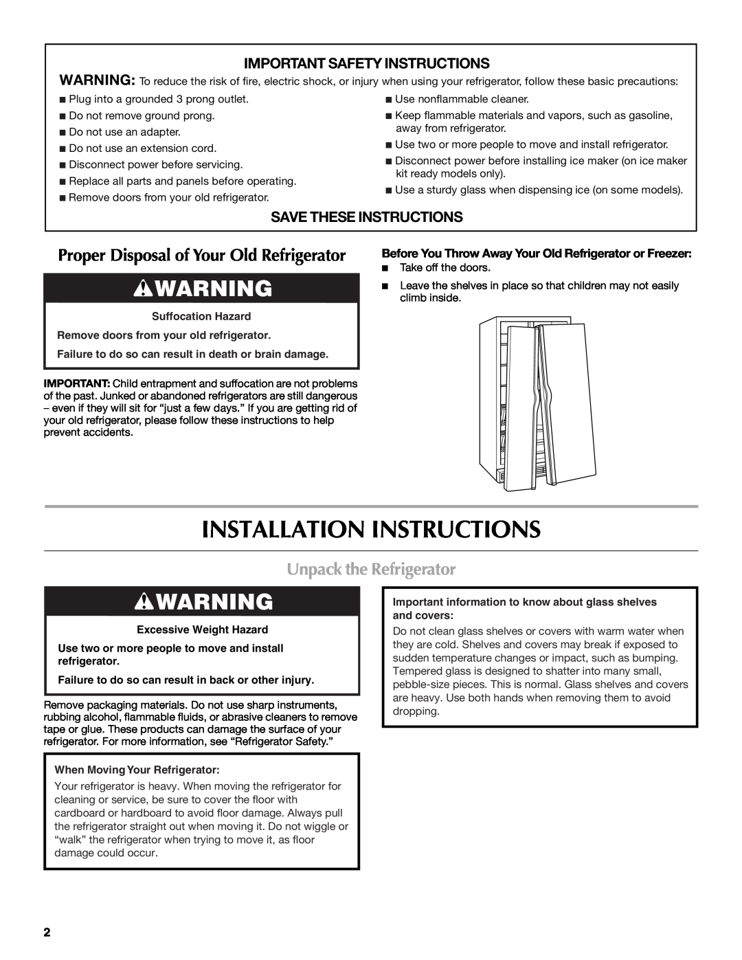 Maytag MSD2553WEM Installation Instructions, Unpack the Refrigerator, Important Safety Instructions, Suffocation Hazard 