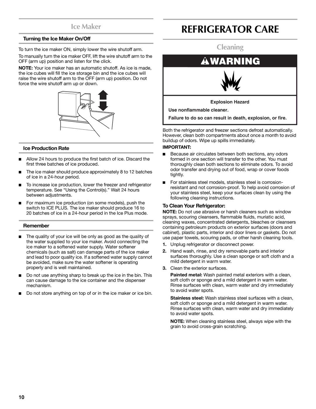 Maytag W10214132A, W10214257A, M8RXEGMXS installation instructions Refrigerator Care, Ice Maker, Cleaning 