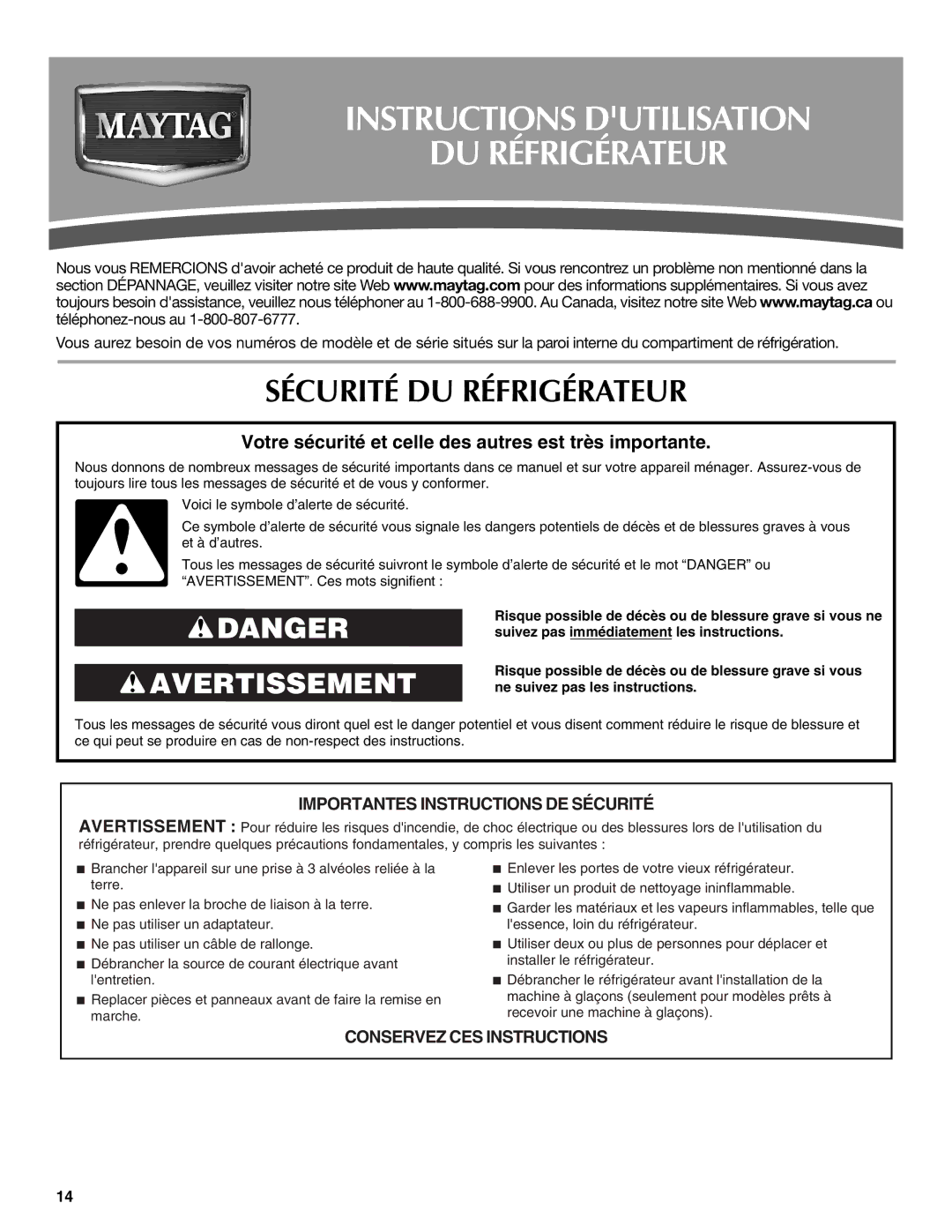 Maytag M8RXEGMXS, W10214257A, W10214132A Instructions Dutilisation DU Réfrigérateur, Sécurité DU Réfrigérateur 