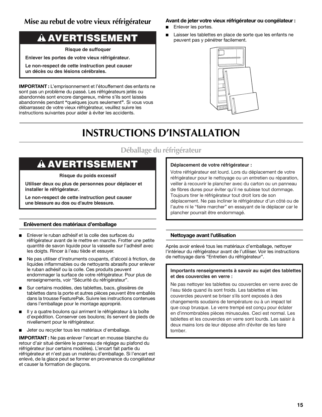 Maytag W10214257A, M8RXEGMXS Instructions D’INSTALLATION, Déballage du réfrigérateur, Enlèvement des matériaux d’emballage 