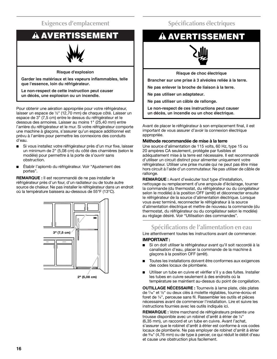 Maytag W10214132A, W10214257A Exigences d’emplacement, Spécifications électriques, Spécifications de l’alimentation en eau 