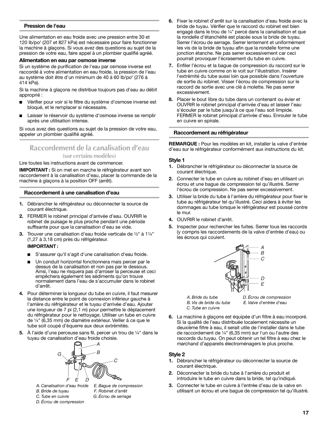 Maytag M8RXEGMXS Pression de leau, Alimentation en eau par osmose inverse, Raccordement à une canalisation d’eau 