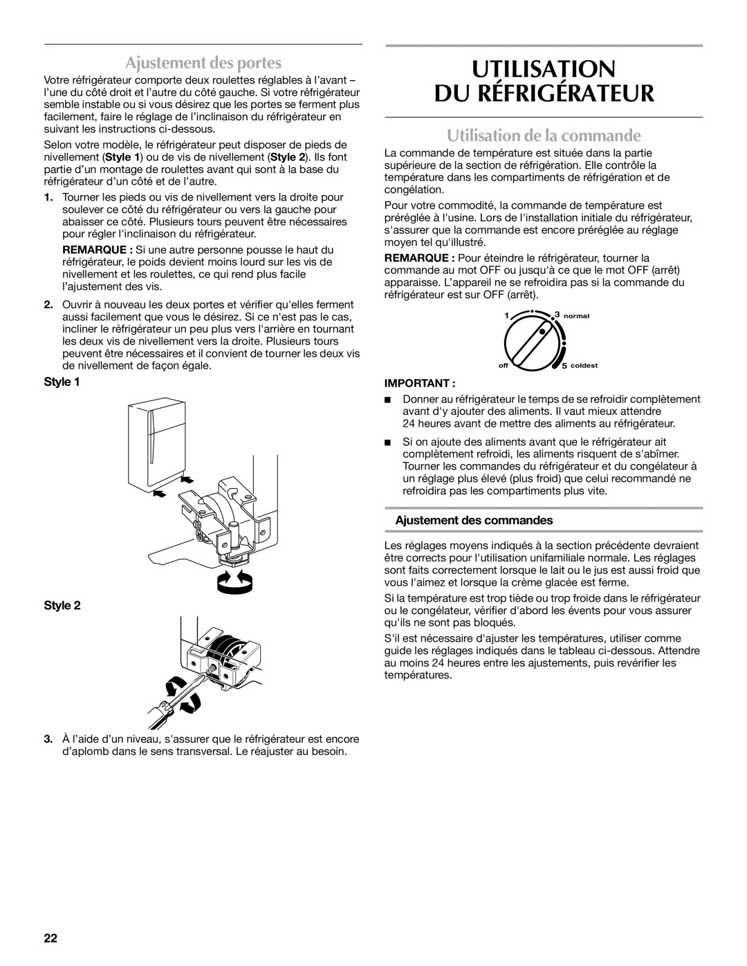 Maytag W10214132A, W10214257A, M8RXEGMXS Utilisation DU Réfrigérateur, Ajustement des portes, Utilisation de la commande 