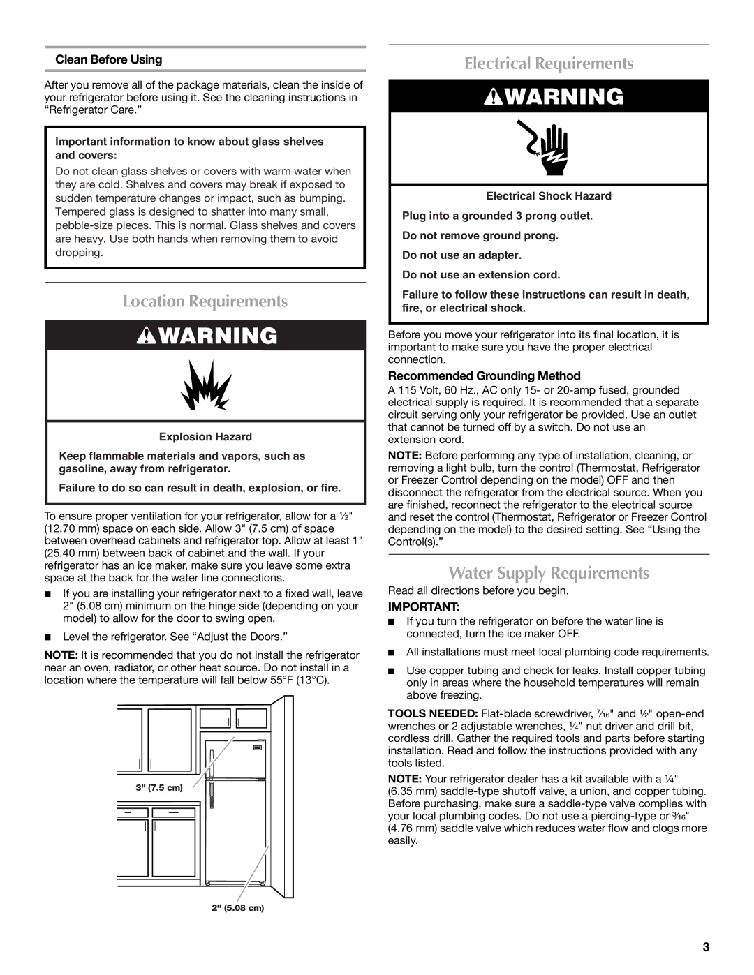 Maytag W10214257A, M8RXEGMXS Location Requirements, Electrical Requirements, Water Supply Requirements, Clean Before Using 